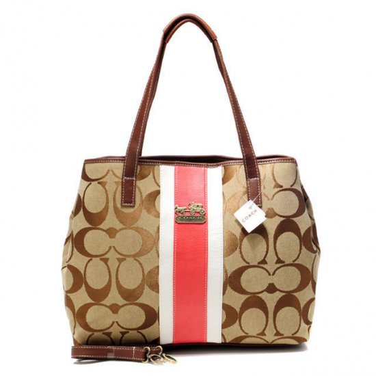 Coach Hamptons Weekend Signature Stripe Medium Khaki Totes AEW ...